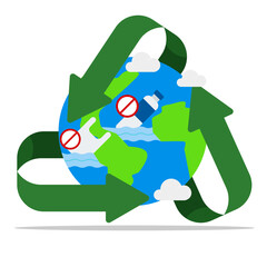 Ecology or renewable energy. Saving the world from climate change. Sustainable green movement with recycling symbol and no plastic bottles.
