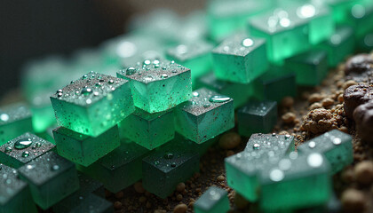 Macro shot of translucent green crystals with water droplets on a textured surface