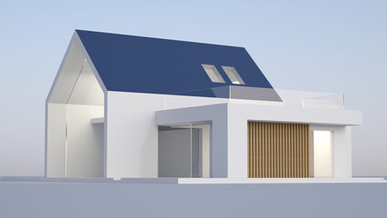 Modern minimal house with blue roof – 3D illustration