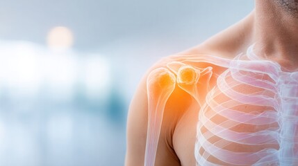 Shoulder Anatomy: An artistic representation of the shoulder, highlighting the skeletal structure and intricate joint, set against a blurred background, perfect for educational and medical concepts.