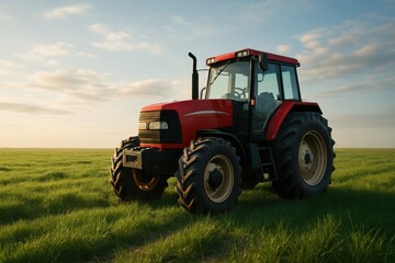 Obraz premium A red farm tractor parked in a green field during a beautiful sunset.