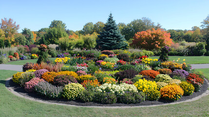 Vibrant fall flower bed design with colorful mix of annuals and perennials in a circular arrangement, surrounded by manicured grass, featuring fall foliage, trees, and a central evergreen tree