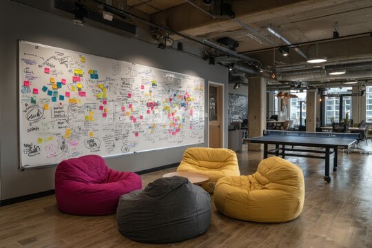 Modern office space with a large whiteboard, beanbag chairs, and ping pong table
