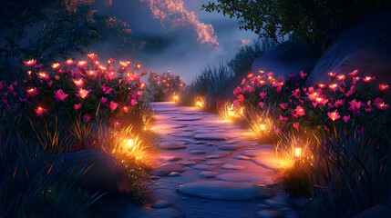 Mystical path illuminated by glowing flowers and lanterns at twilight, through a lush forest