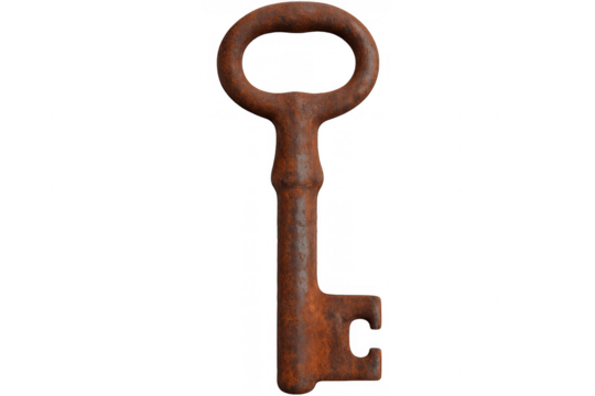 Weathered antique key, rusted metal surface revealing vintage secrets against translucent backdrop