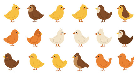 Set of 15 Flat Icons of Farm and Pet Birds on White Background