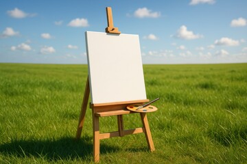 A blank canvas on a wooden easel in a green grass field under a blue sky.