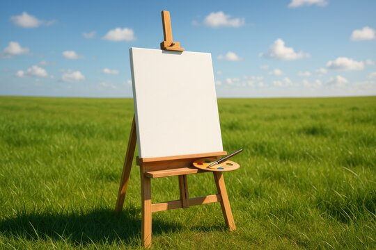 A blank canvas on a wooden easel in a green grass field under a blue sky.