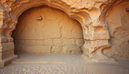 Natural sandstone cave interior with smooth walls and sandy floor texture