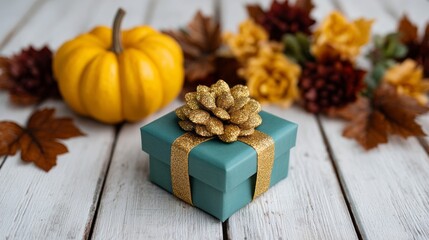 A green box with gold ribbons sits on a wooden table next to a pumpkin