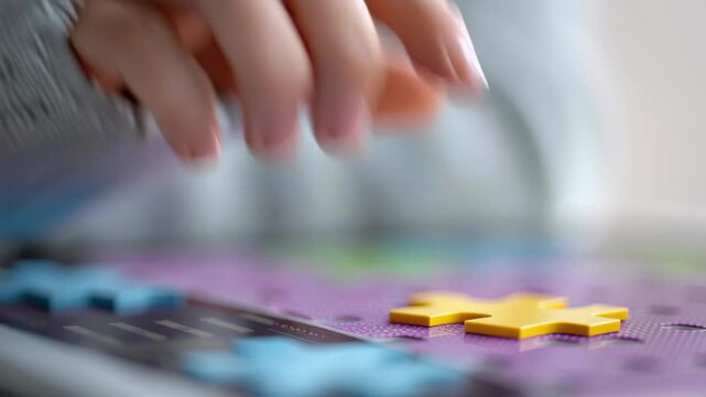 Gamified learning puzzle Focused child hand placing yellow piece, promoting cognitive development and concentration