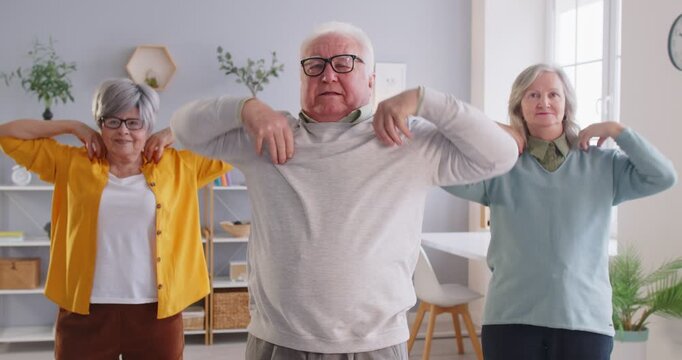 Sport senior group fitness activities for elderly, hobby ideas for active social recreational events, friendship club in retirement house, retired people doing sport, being physically fit and healthy