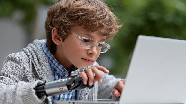 Focused boy with future bionic prosthetic arm engaged in gamified learning and modern education outdoors on laptop
