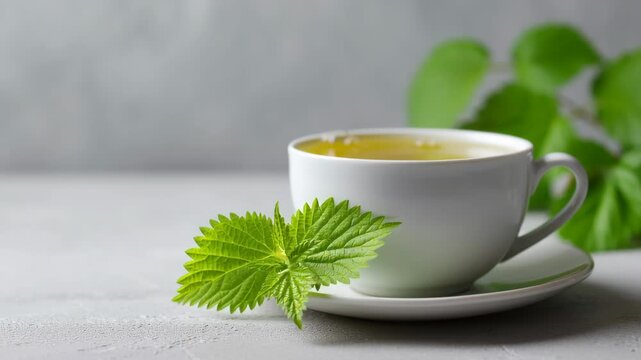 Calming nettle tea herbal drink for hormone balancing diet. Natural remedy with fresh green leaf for health wellness