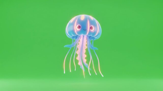 Animated Cartoon Jellyfish with Glowing Details Floating Against Green Background.