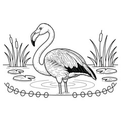Fototapeta premium Black and White Flamingo in Water with Lily Pads and Reeds