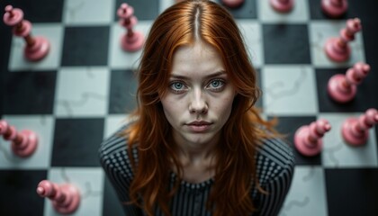 Young woman with red hair and striking eyes sitting on a chessboard surrounded by pink pawns