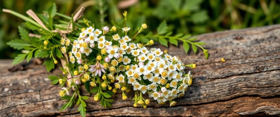 A lush bundle of meadowsweet, also known as queen of the meadow, rests on rustic wood, bridewort, white