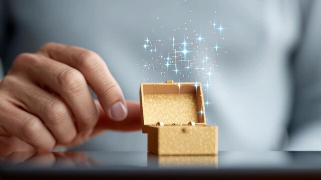 Curious hand opening tiny treasure chest, gamified learning reward unlocking glowing mystery prize for achievement