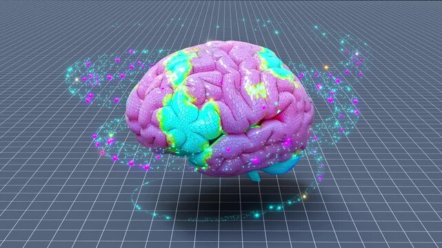 Brain working that shows creative work on the checkered floor. Use multiple pastel colors for interest. Minimal idea concept. lowing rings rotating from bottom to top. Animation, 3D Render.