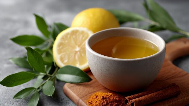 Hormone balancing diet support with calming herbal tea. warm lemon spice remedy with turmeric and cinnamon