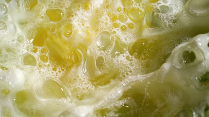 Close-up view of frothy, yellow liquid.