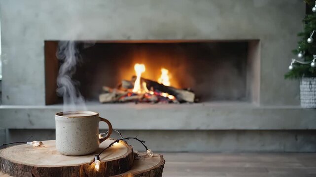 A modern and minimalist holiday scene featuring a steaming mug of coffee by a sleek concrete fireplace with a contemporary Christmas tree.