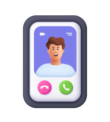 Young smiling man James makes a video call on a smartphone. Video call interface, communication and mobile technology concept. 3d vector people character. Cartoon minimal style.