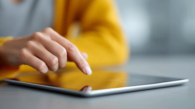 Focused woman touching tablet screen, enjoying modern and interactive gamified learning for online education