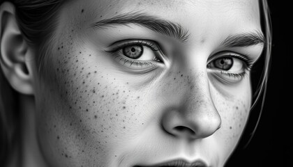 Black and white portrait, freckled face, monochrome, high contrast,  elegant,  shadow