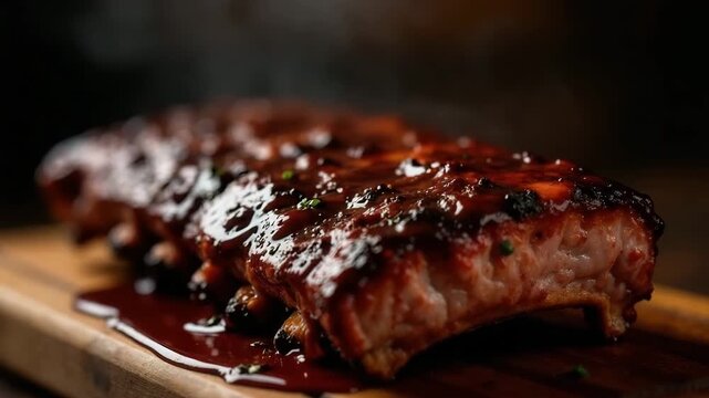 Grilled pork ribs coated in barbecue sauce on a wooden cutting board. Steam rises from the hot meat, showcasing a delicious and savory dish.