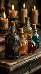 Assorted vintage glass potion bottles with corks and candles