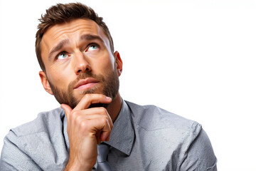 A man with a beard and a tie looking up with his hand on his chin