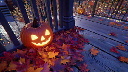 Halloween pumpkin on a porch, surrounded by colorful autumn leaves and fairy lights.  Illuminated jack-o'-lantern rests on wooden deck, beneath a dark railing