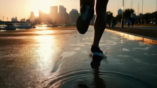 Runner splashing through puddles on wet pavement at sunrise with city skyline silhouette, urban fitness and morning exercise routine