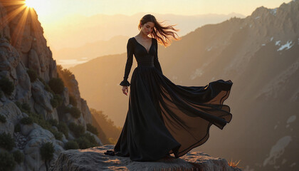 Elegant woman in a flowing black dress standing on a rocky ledge during sunset, creating a dramatic silhouette