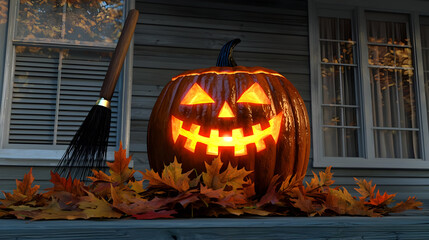 Jack-o'-lantern on porch, autumn leaves, and a broom.  Halloween decoration on a house