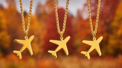 Airplane necklace jewelry with autumn leaves background