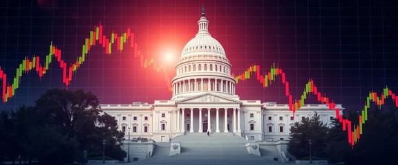 Capitol building superimposed on fluctuating stock market graph, bar chart, abstract