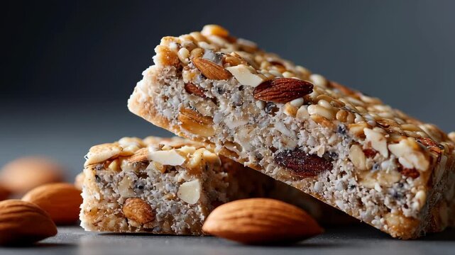 Healthy keto diet nut snack satisfying almond and seed protein bar. delicious, wholesome, energetic food choice