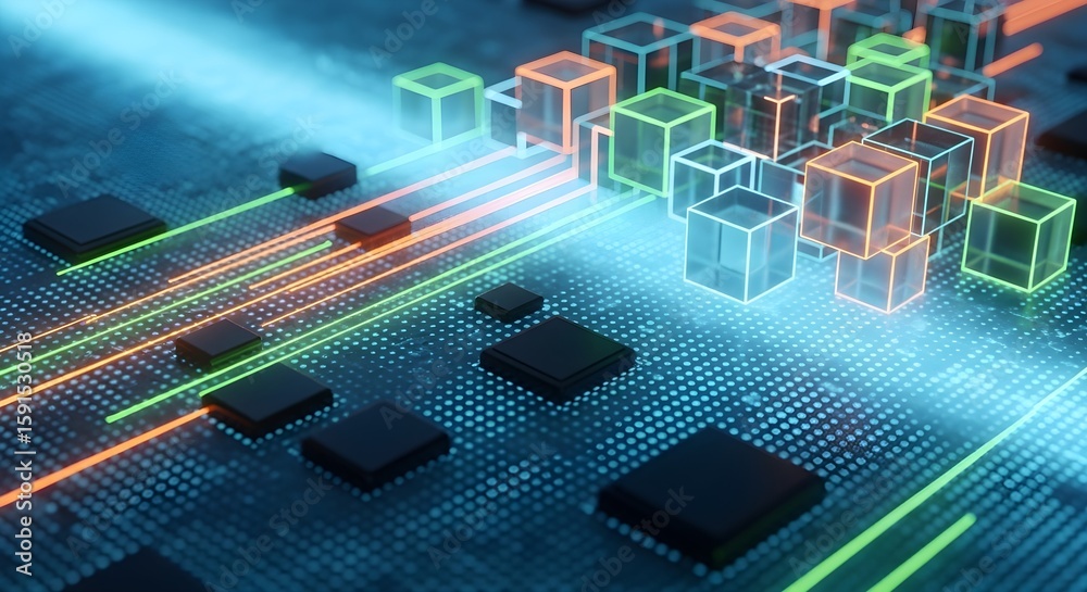 Poster Abstract render of vibrant data lines flowing across a microchip, an innovative concept for future technology and big data processing.