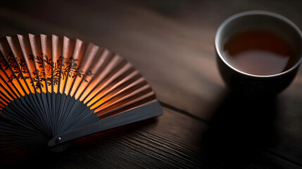Elegant, ornate fan and teacup on a wooden surface.  Soft lighting highlights the warm colors of the fan