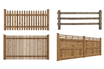Four different types of wooden fences on transparent background