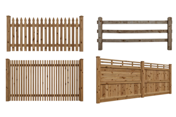 Four different types of wooden fences on transparent background