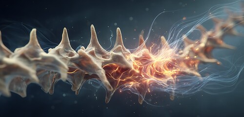 Stylized representation of evolution with bone fire and crystal light arcs