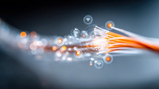 Fiber Optic Cables & Data Transmission: A close-up shot showcasing the intricate network of fiber optic cables, symbolizing the flow of data and modern technological advancements.