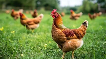 A Beautiful Chicken Stands Proudly in a Green Field with Others