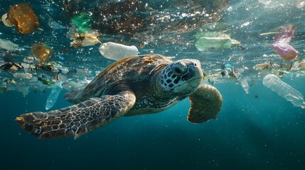 Fototapeta premium Sea turtle underwater surrounded by plastic bottles and marine debris