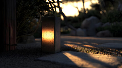 Zen garden path lamp bathed in warm sunset glow.  Stone rectangular lantern casts soft light on sand.  Surrounded by plants, rocks, and wooden structure