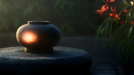 Dark, round pot on a stone slab, bathed in golden sunlight, amidst greenery and flowers.  Gentle morning light highlights the textured pot and the rough stone surface